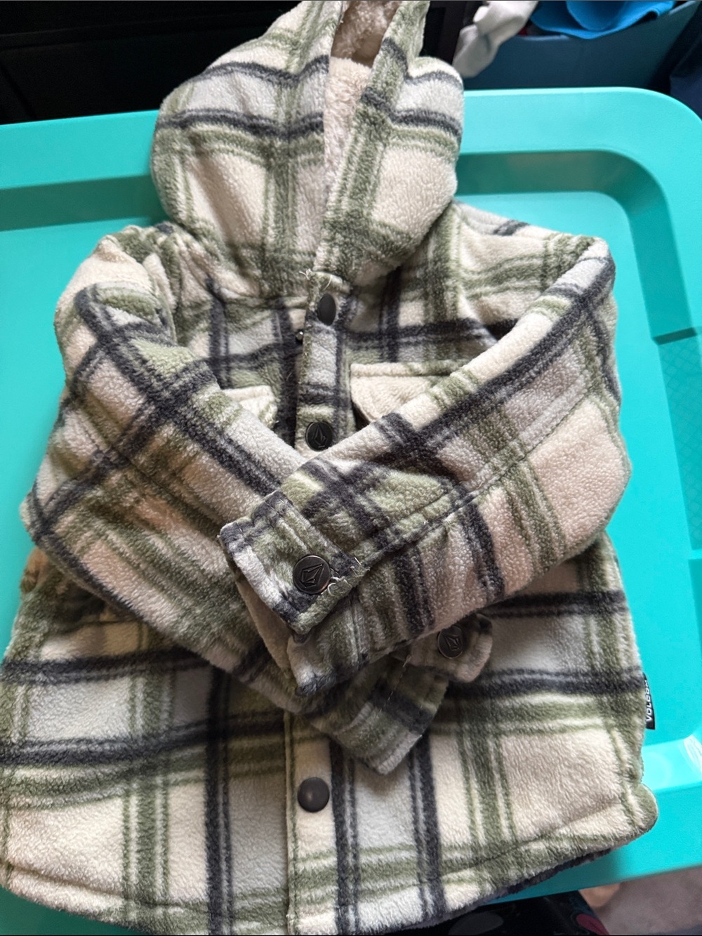 Volcom Kids Hooded Plaid Fleece Jacket in Cream, Green & Gray